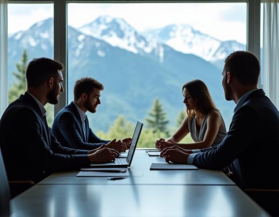 Das Management-Team von Alpenruh Hospitality bei einer strategischen Besprechung mit Blick auf die Alpen.