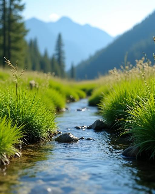 Klare Bergquelle fliesst durch eine saftig grüne Alpenwiese.