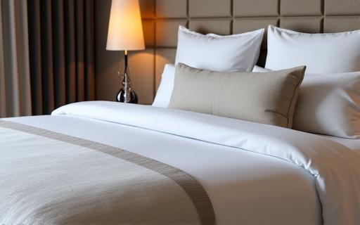 Perfekt gemachtes Hotelbett in einem luxuriösen Zimmer.